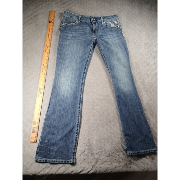 Harley-Davidson Denim - Harley Davidson rhinestone angel wing pocket jeans size 12 Y2K mcbling biker